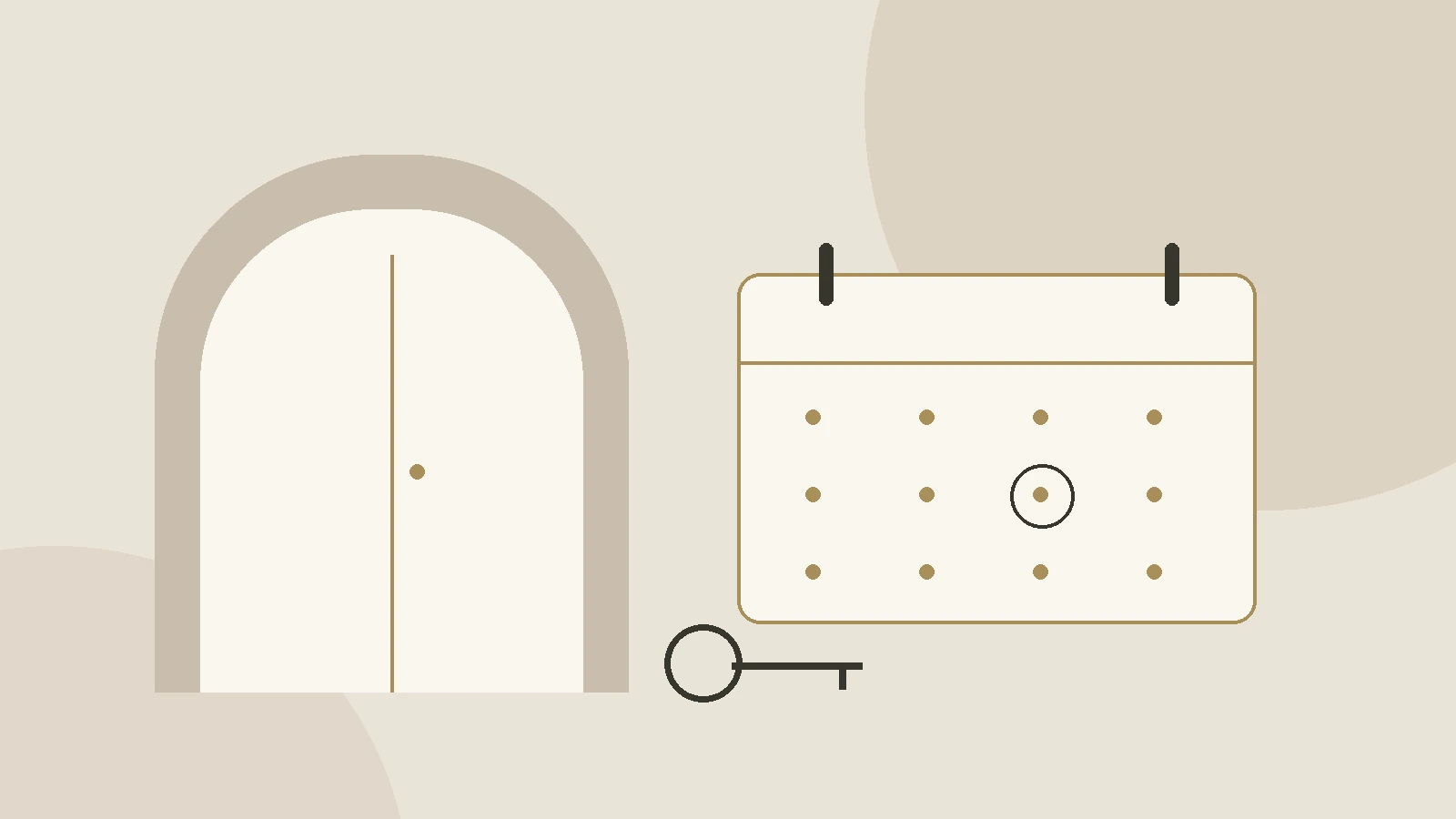 Editorial illustration of a hotel doorway, key and appointment calendar